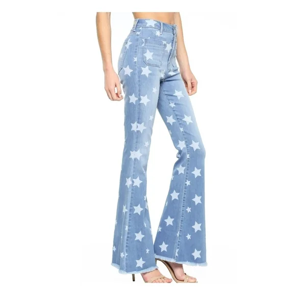 Cello Blue Flare Wide Leg Jeans with Star Pattern - Picture 2 of 4